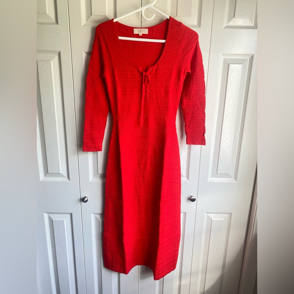 Sézane Red Knit Midi Dress with Tie Front - Picture 1 of 10
